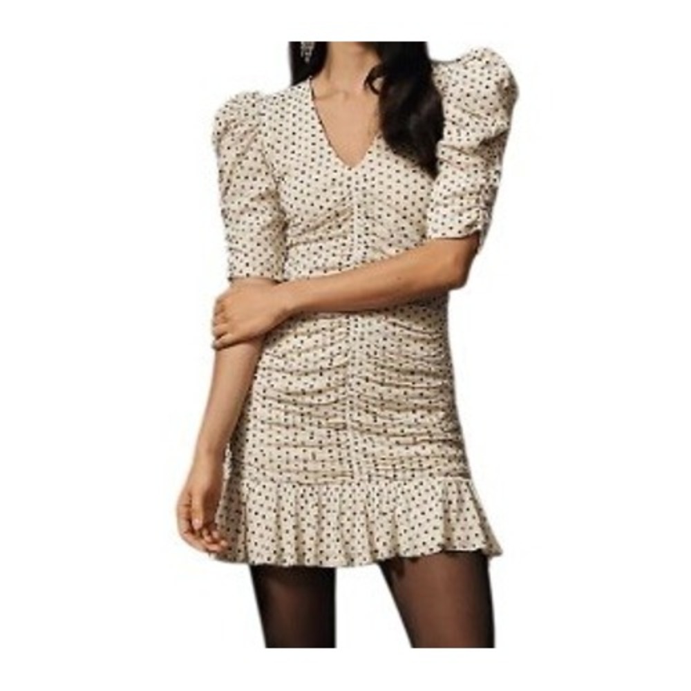 Anthropologie Maeve Womens M‎ Puff Sleeve Ruched Mesh Polka Dot Mini Dress NWT